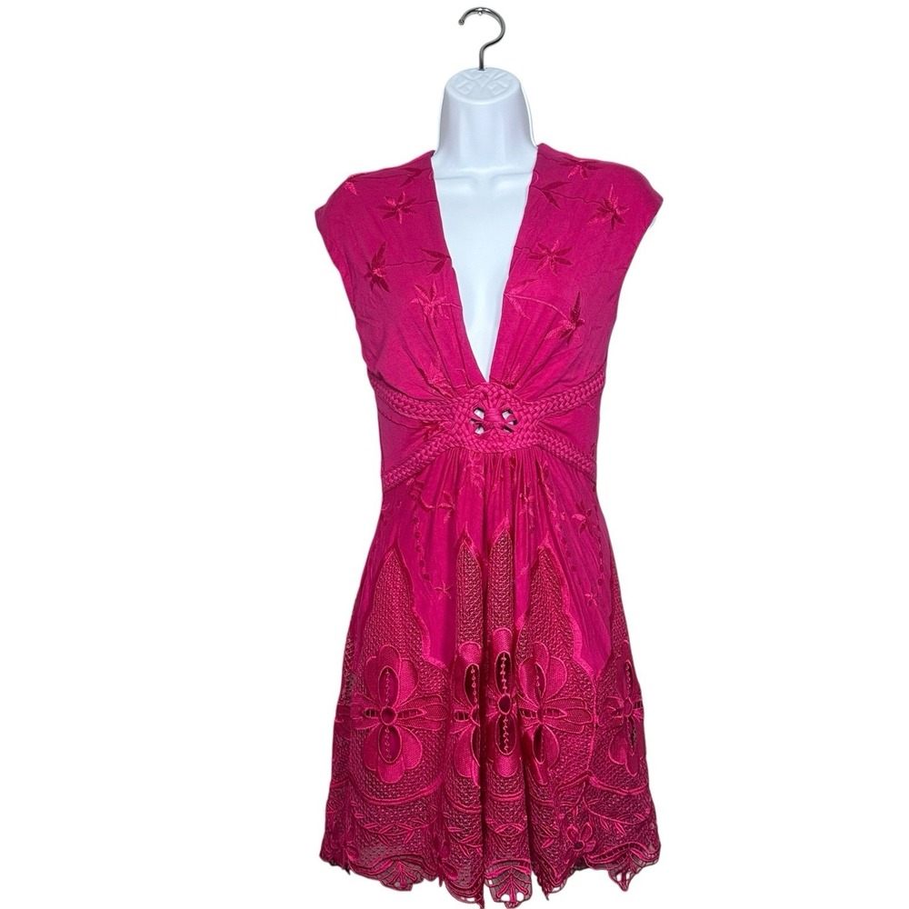 Sky Brand Hot Pink Embroidered Deep V Neck Mini Dress Braided Lace Size M USA